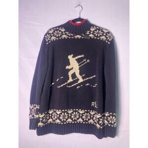 Ralph Lauren Ski Pattern Mock Neck Linen Cotton Knit Sweater Women's Size Medium
